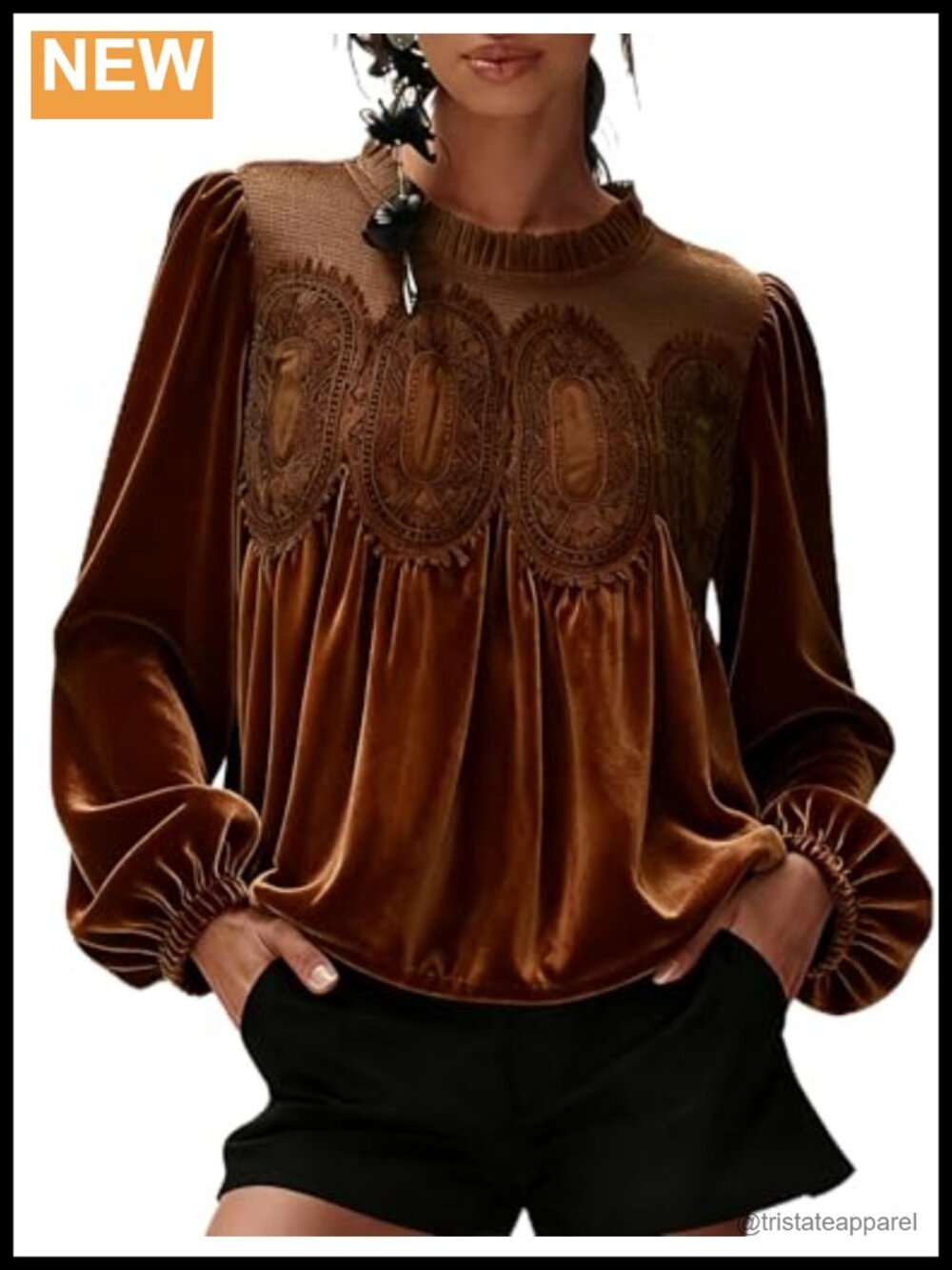 Women's Velvet Trim Lace Long Sleeve Blouse Flared Swing Top Round Neck Elegant